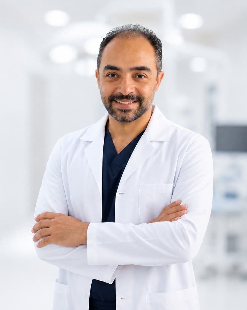 طبيب بمعطف أبيض داخل عيادة حديثة