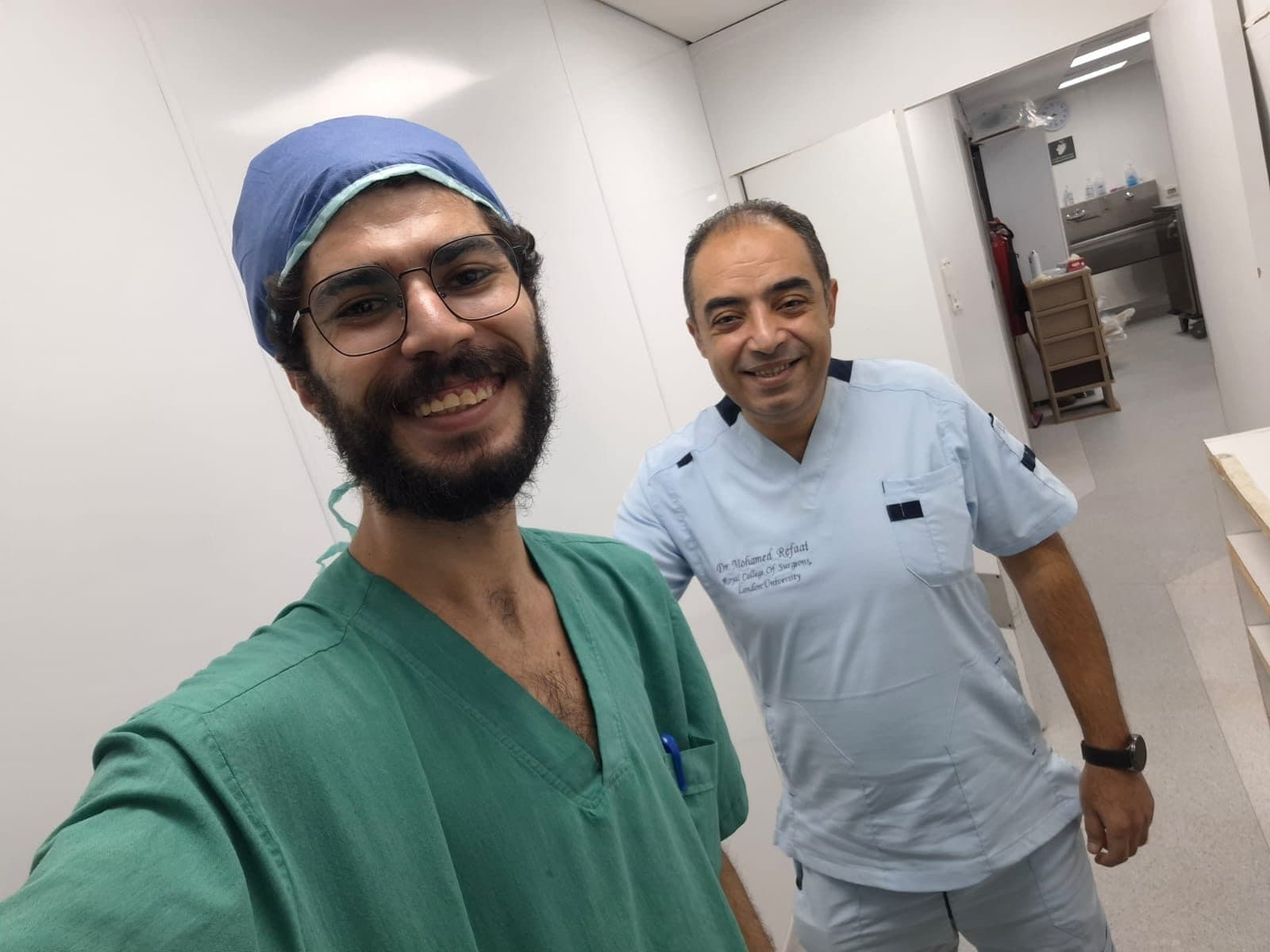 In theatre scrubs with a colleague